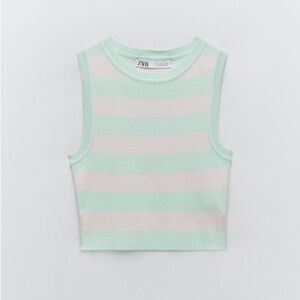 Zara Striped Ribbed Knit Crop Top Mint Pink Sleeveless Summer Small